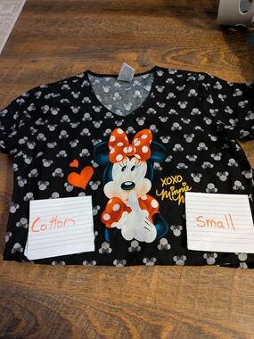 Minnie Mouse Black Graphic Scrub Top with Red Polka Bow